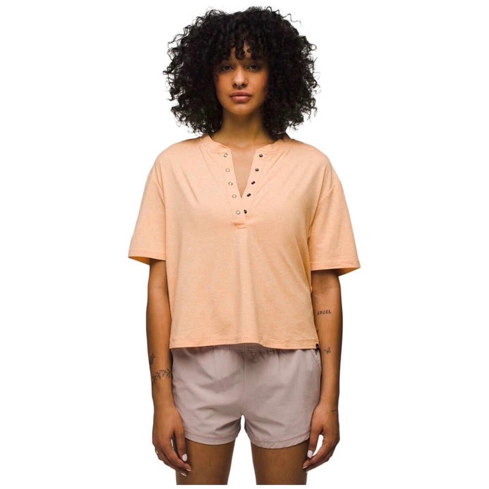 Prana Soul Searcher Tan Striped Short Sleeve Henley, Medium - Picture 2 of 6